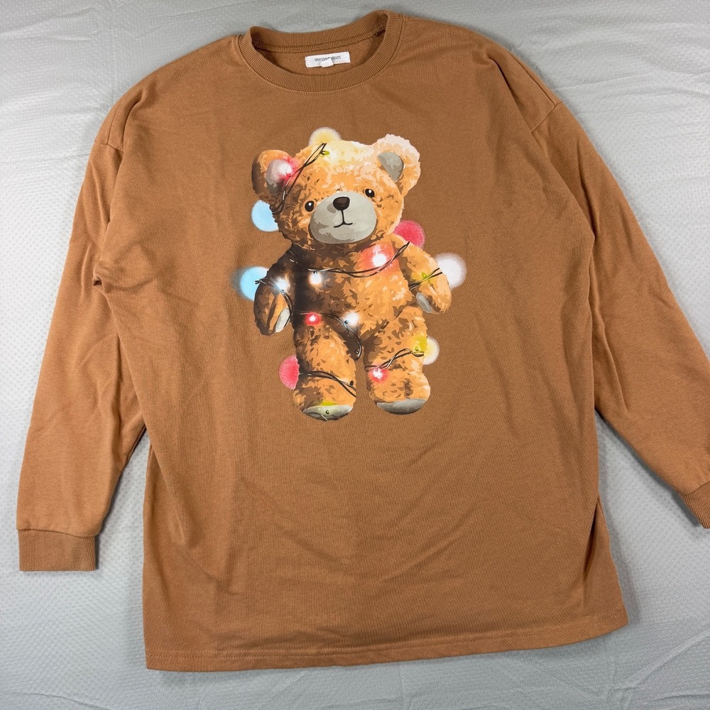 Grayson Threads Womens S Brown Christmas Lights Teddy Bear Long Sleeve Shirt Top